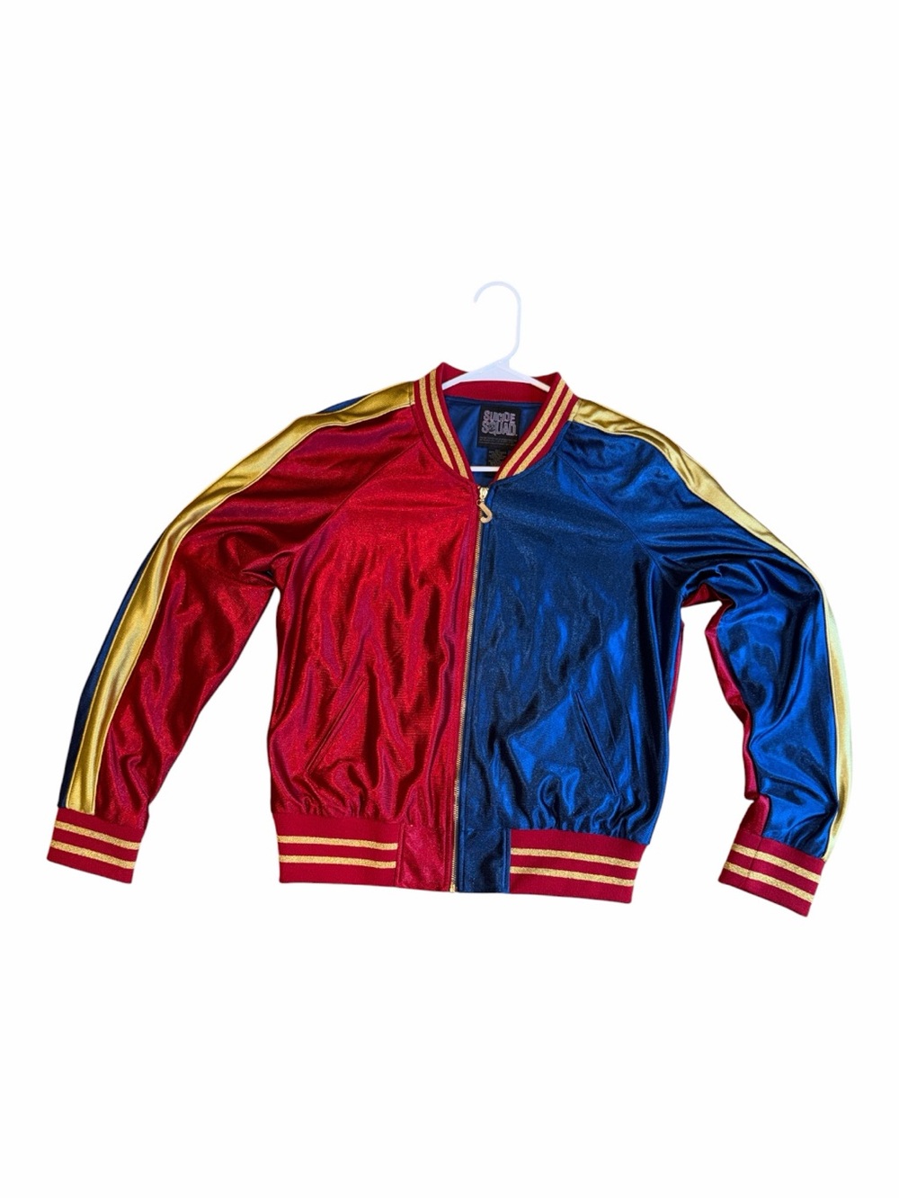 Hot Topic Red & Blue Satin Varsity Jacket with Gold Embroidery - Picture 2 of 4